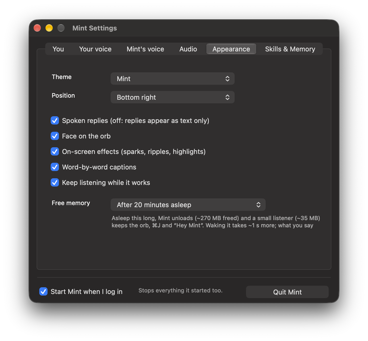 Appearance. Theme, position, spoken replies, face, effects, captions, listening while working, freeing memory while asleep.